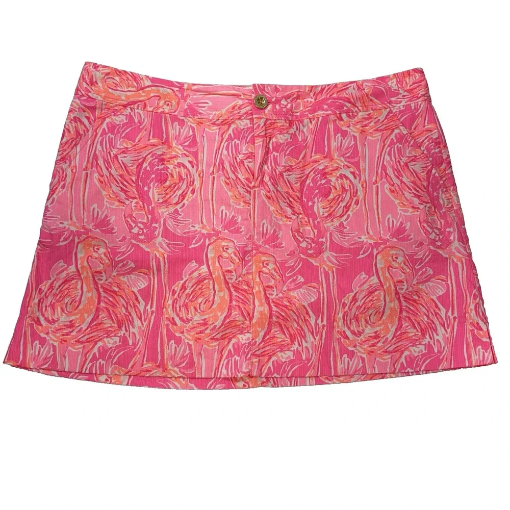 LILLY PULITZER Women's Mini Skirt‎ Hot Pink Flamingos Sz 14 **NO SKORT LINING**
